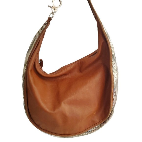 G Series by Cole Haan Saddle Leather and Silver Mirror Mesh Hobo Purse Handbag - Picture 1 of 16